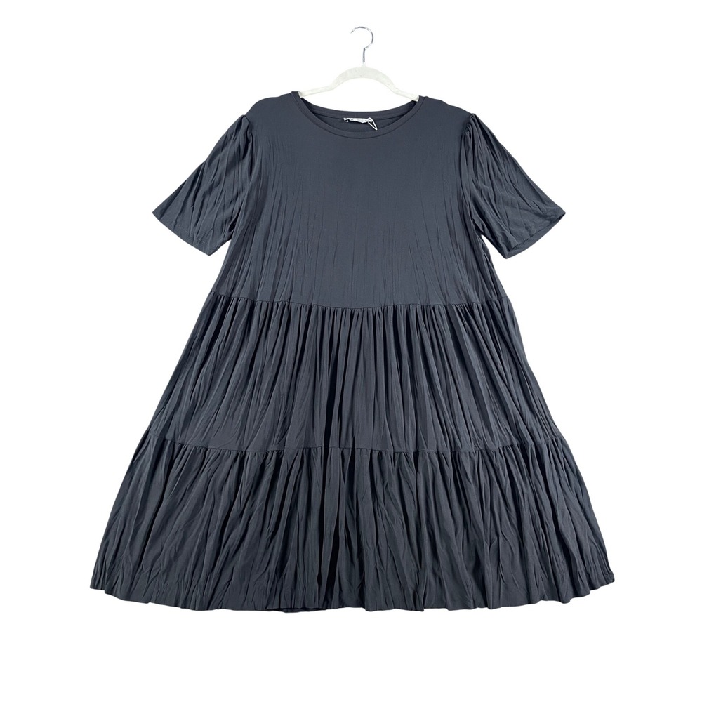 Zara Womens Tiered Mini Dress Short Sleeve Crew Neck Charcoal Gray 1165/801 S